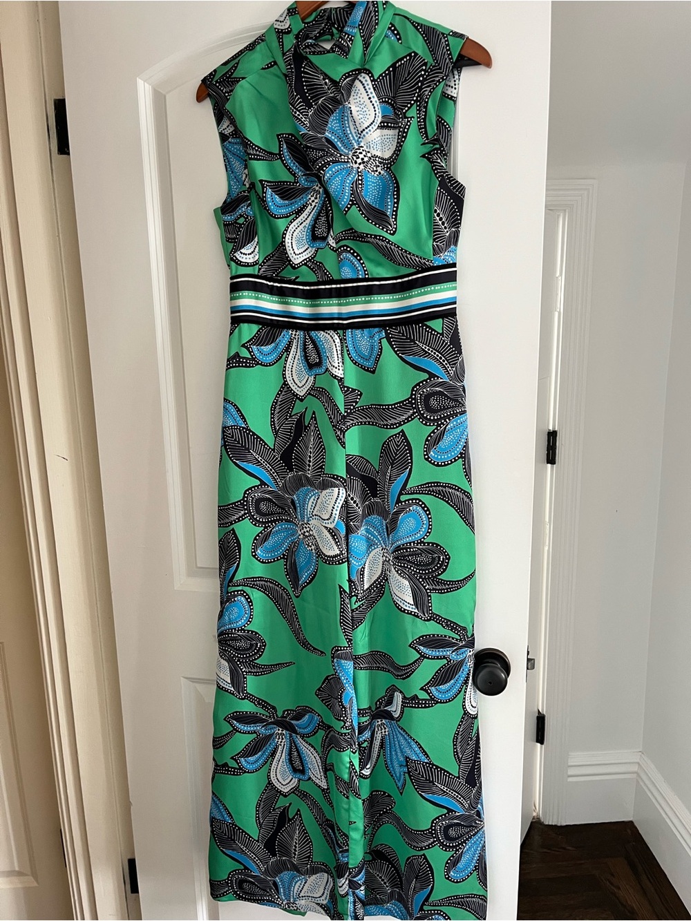 Karen Millen Green Floral Sleeveless Jumpsuit with Blue Accents
